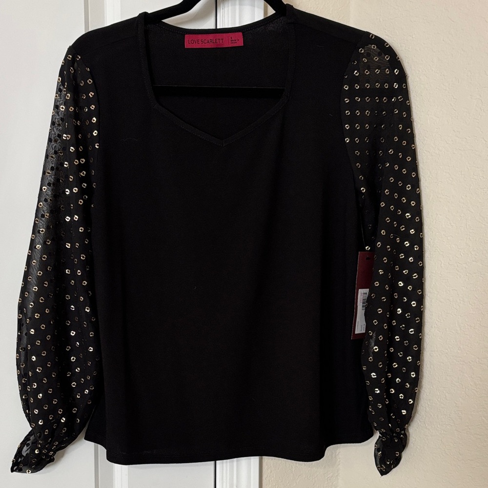 Scarlett Black Blouse with Metallic Sheer Sleeves